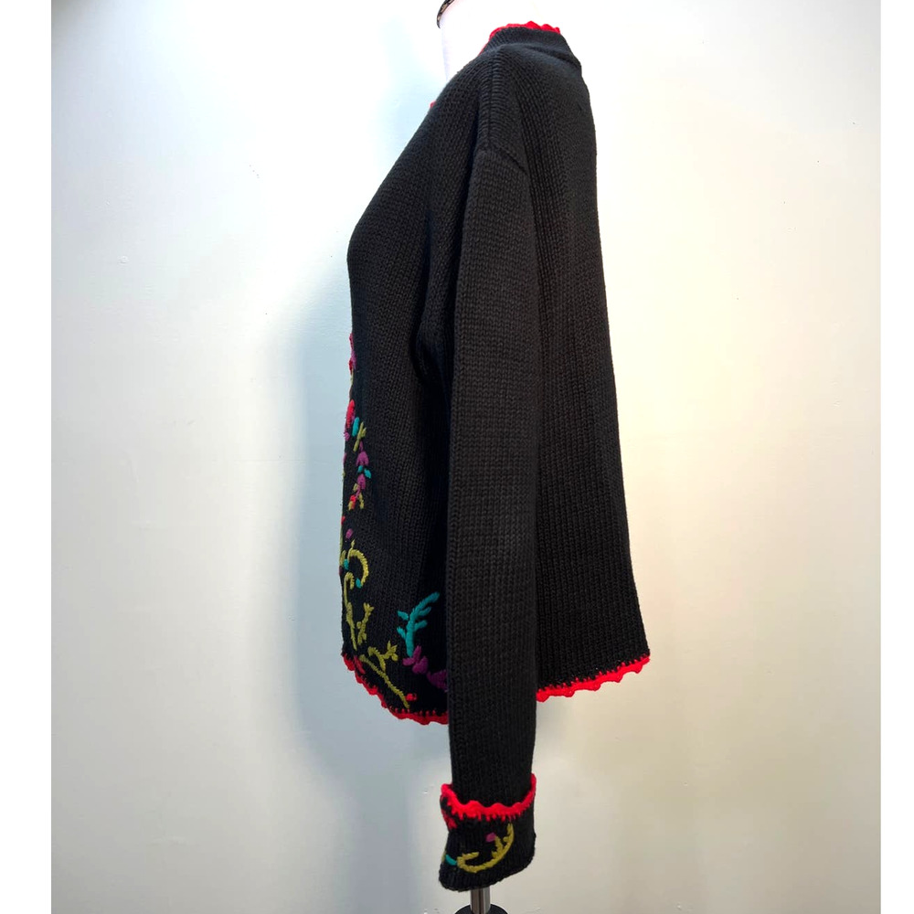 Vtg Cardigan Sweater Medium Black Floral Crewel Embroidered Crochet Cottagecore View 4